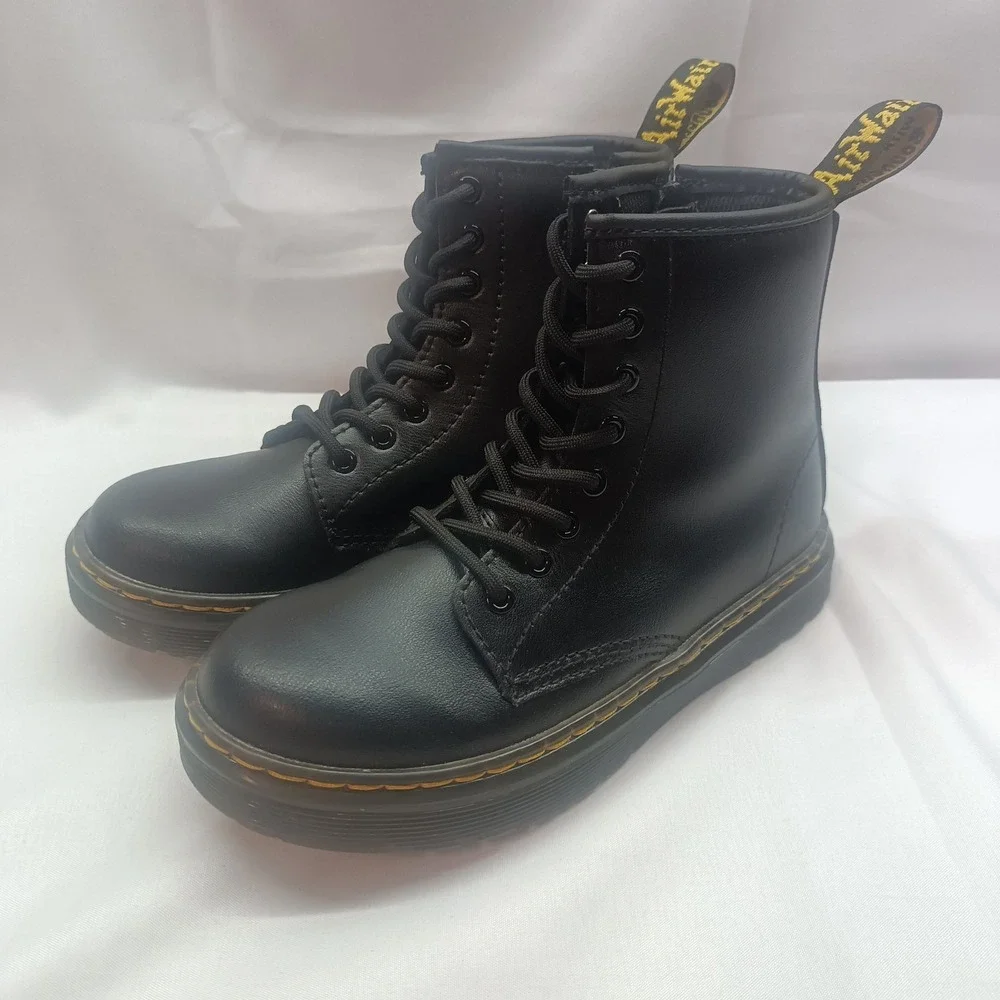 Dr. Martens Zavala J Kids Combat Boots Black Lace Up Side Zip Size 1 Casual